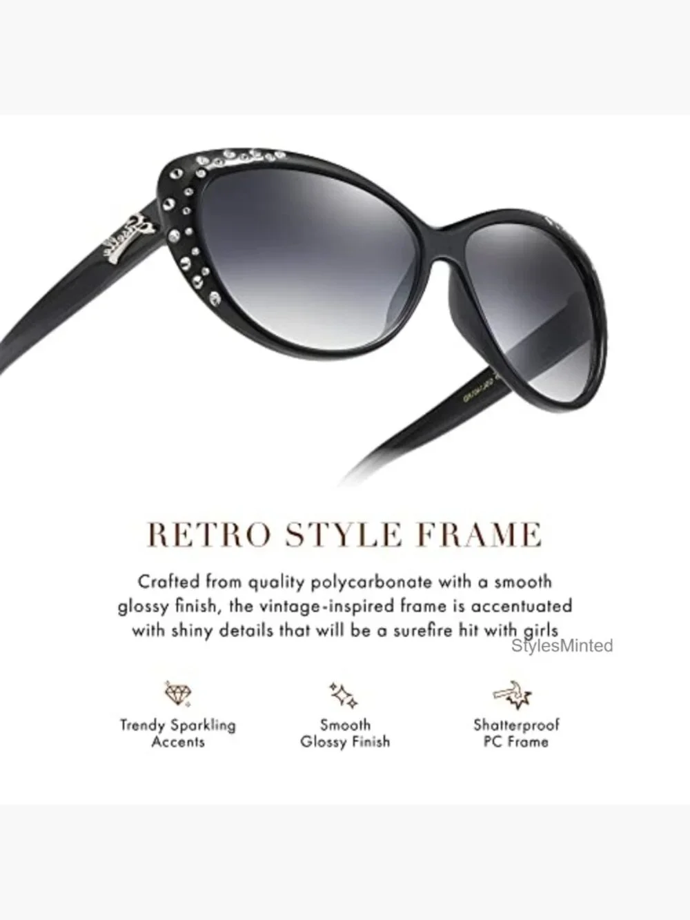 Retro Cat Eye Rhinestone Sunglasses for Girls Age 6-14